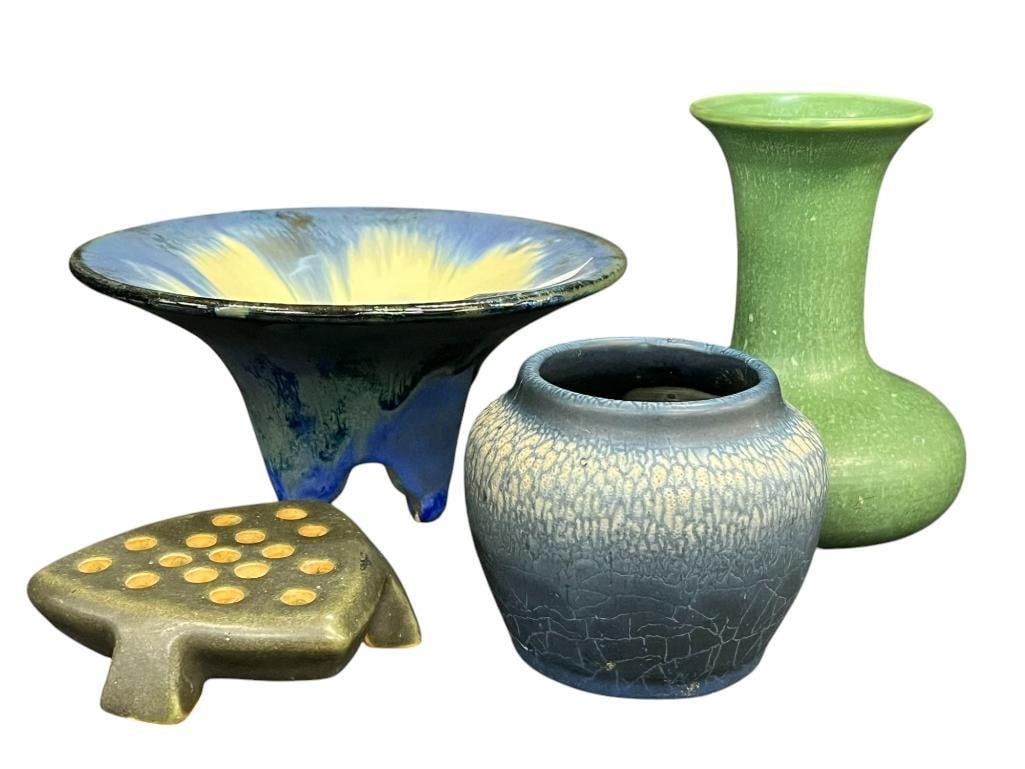 Hampshire and Fulper Pottery vases and trivet: Hampshire and Fulper Pottery vases and trivet. 4 pieces. Approx. 7.5x3.25 invoices.