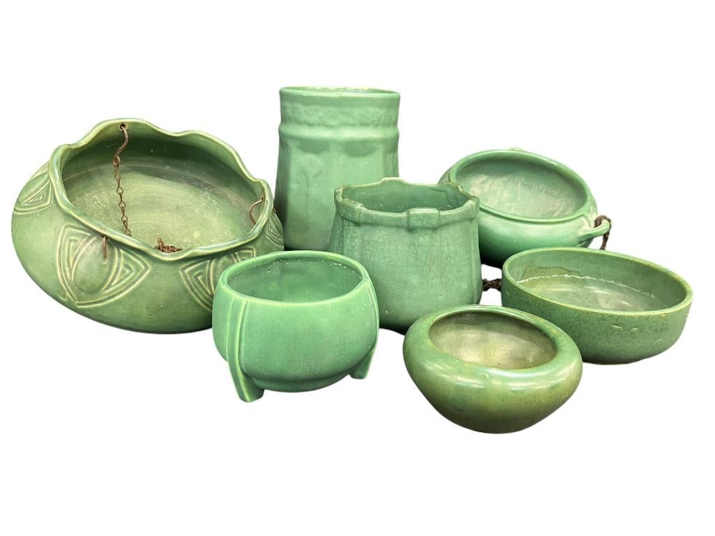 7 Pieces Matte Green Pottery including Hanging Baskets (1 of 20)