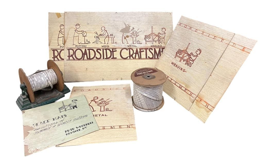 Roadside Craftsmen hand done shop signs and printed ribbon: Roadside Craftsmen hand done shop signs and 2 spools printed ribbon. 8 pieces.