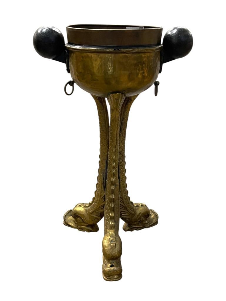 Brass Dolphin Foot Stand with Open Bowl: Brass Dolphin Foot Stand with Open Bowl. Approx. 12x19x30 inches.