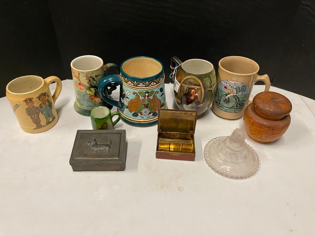 Group of Decorative Mugs, Stamp Holder and more: Group of Decorative Mugs, Stamp Holder and more. Approx. 10 pieces.