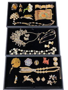 Whiting Davis Co. Mesh Bag, Costume Jewelry Pins, Necklaces etc.: Whiting Davis Co. Mesh Bag, Costume Jewelry Pins, Necklaces etc. Czech Dog pin, Nina Ricci Earrings, Hobe' Earrings, KJL earrings and more. Approx. 23 pieces.