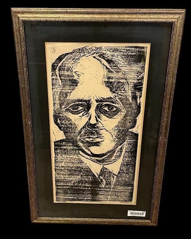 Antonio Frasconi signed woodcut: Antonio Frasconi signed woodcut "Bela Bartok" of 110. Title and number are partially obscured by mat. Approx. Artwork 11.75x23 inches. Frame 19x31 inches.