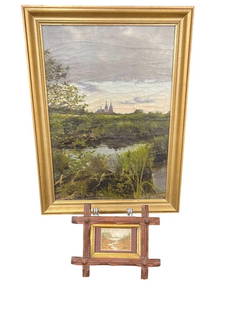 Mary Elizabeth King Miniature Painting and Church Landscape: Mary Elizabeth King Miniature Painting and Church Landscape oil on canvas. M.E.King approx. Artwork 1.75x2.5 inches Frame 6x8 inches. Church landscape approx. Artwork 16.5x11.25 inches. Frame 14.25x19