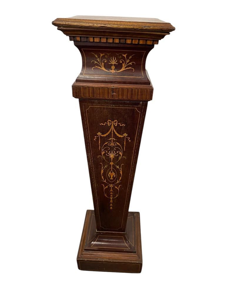 Beautiful Inlaid Walnut Pedestal: Beautiful Inlaid Walnut Pedestal. Approx. 44x13x13 inches.
