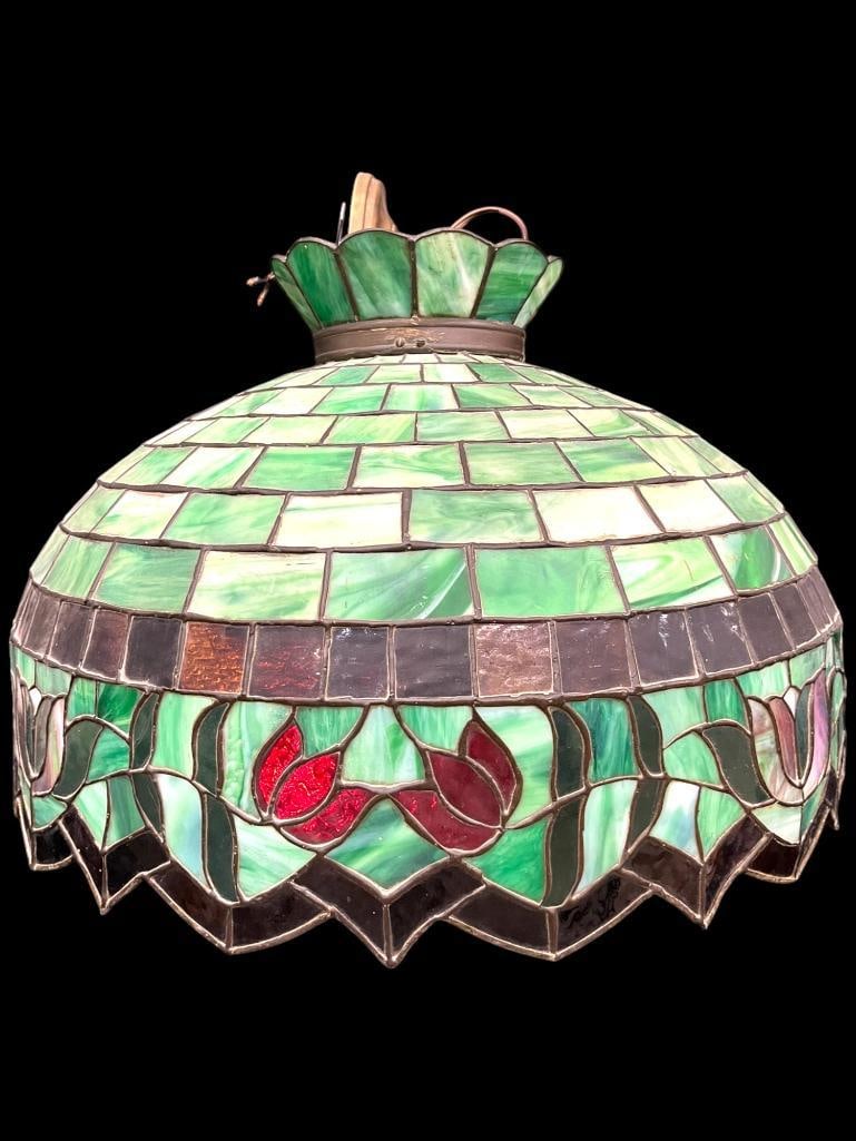 Slag Glass Hanging Light with Floral Designs: Slag Glass Hanging Light with Floral Designs. Approx. 16x24x24 inches.