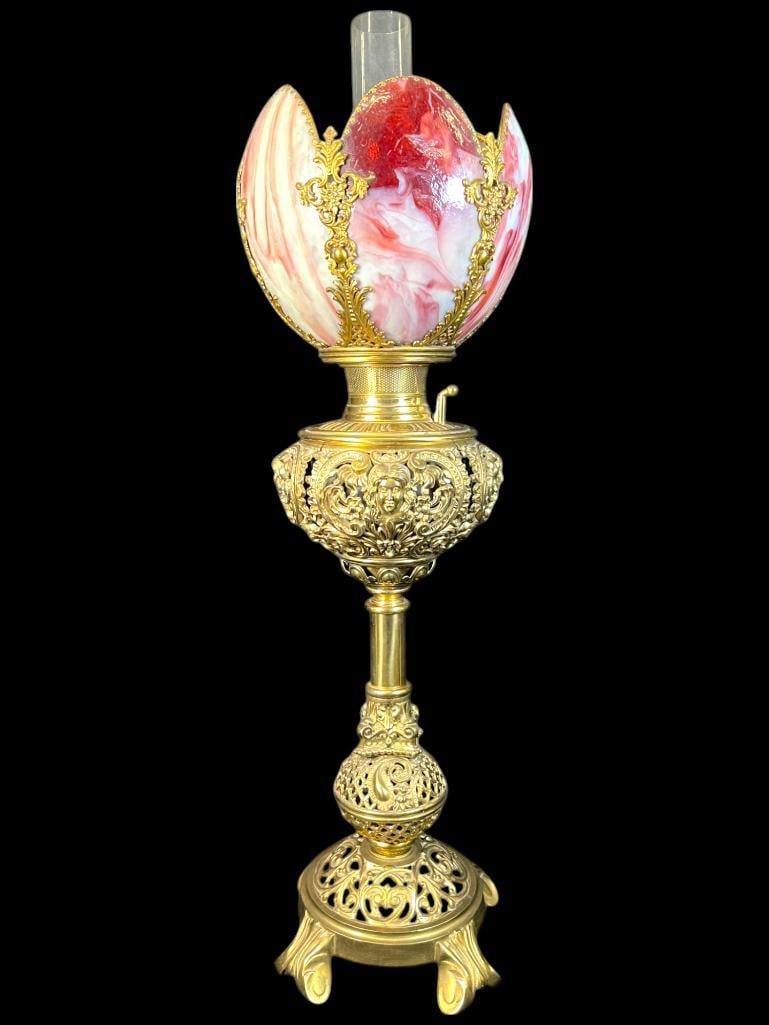 Bradley & Hubbard Banquet Lamp with Slag Glass Tulip Shade: Bradley & Hubbard Banquet Lamp with Slag Glass Tulip Shade. Approx. 30x10x10 inches.