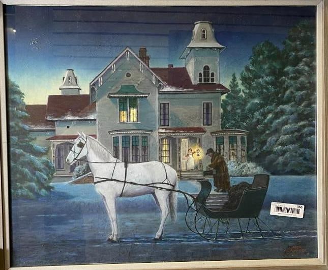 Jack Demler signed Oil on Board: Jack Demler signed Oil on Board. Dr. Spaulding Cohocton, NY calls on the Woodworth House, River Road. Approx. Artwork 19.5x23.5 inches. Frame 27x32 inches.