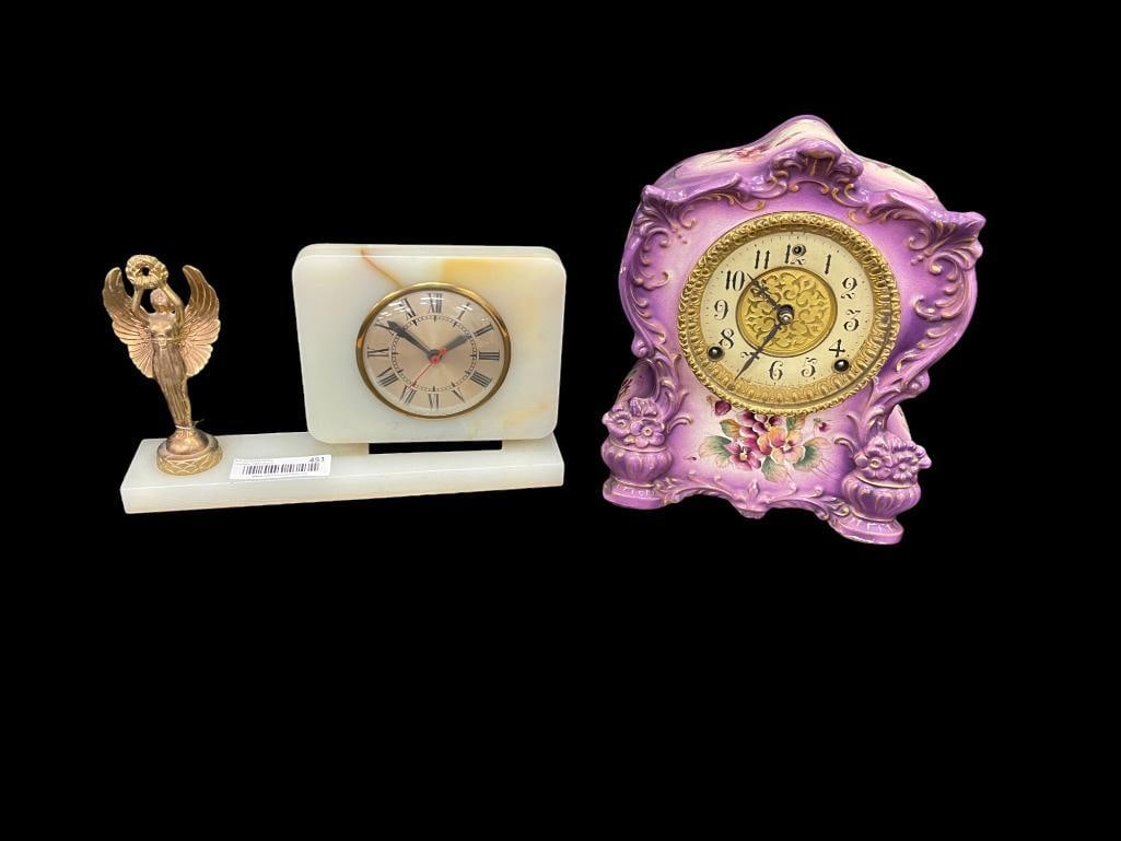 Gilbert China Case Clock and Art Deco Marble Desk Clock (1 of 13)