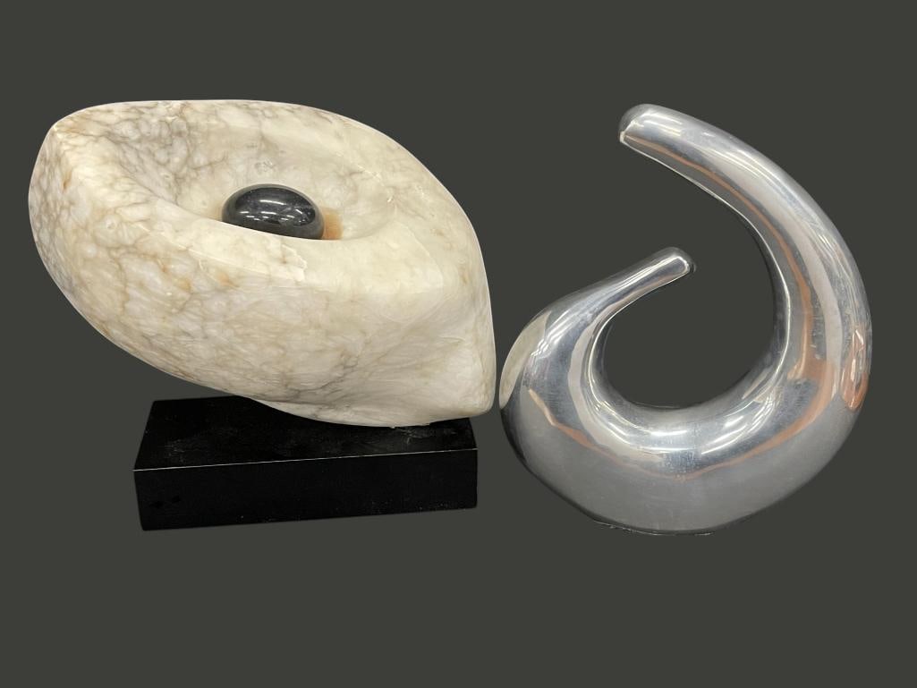 Prem Saran Alabaster Sculpture The Seed and Chrome Sculpture: Prem Saran Alabaster Sculpture The Seed and Chrome Sculpture. 2 pieces. Approx. 8 x 17 inches.