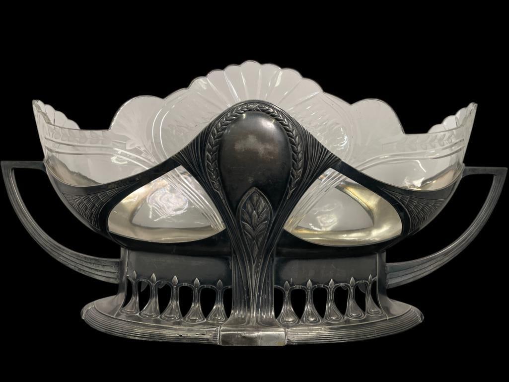 Fabulous Art Nouveau Crystal and Pewter Centerpiece: Fabulous Art Nouveau Crystal and Pewter Centerpiece. Approx. 22 x 7.5 x 10 inches.