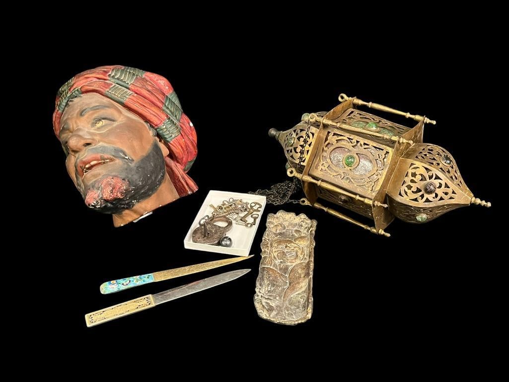 Bronze Tray with Buddha, Hanging Fixture, Plaster Pirate Bust, Lock and Keys etc. (1 of 14)