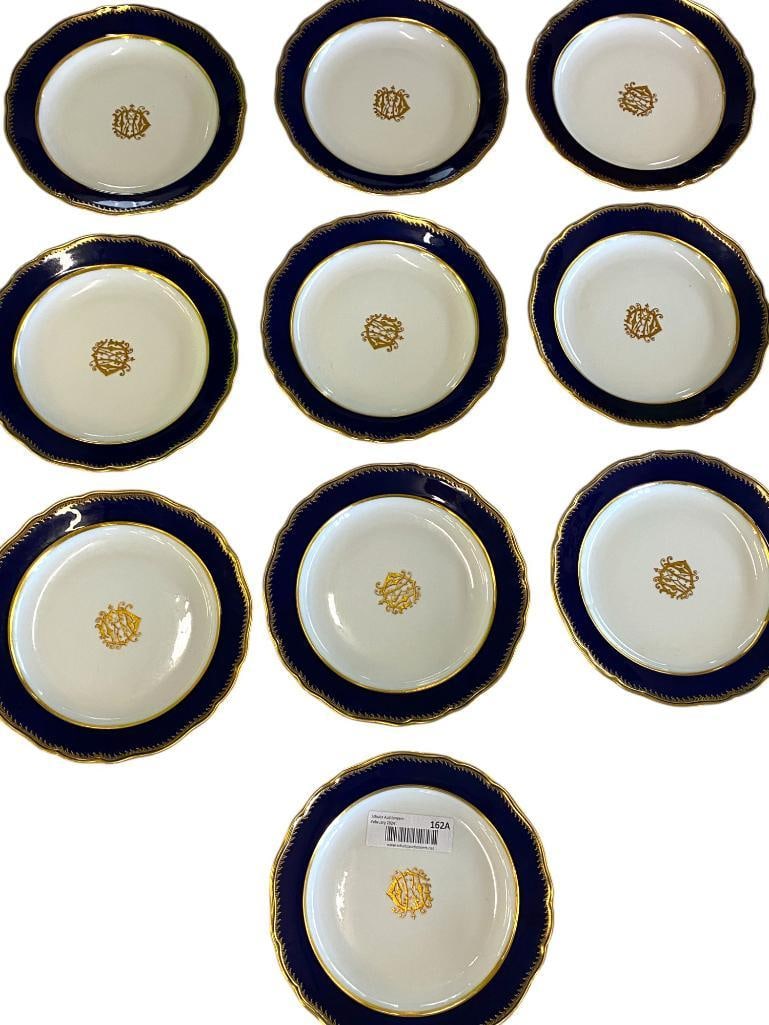 Set of 10 Meissen Plates: Set of 10 Monogrammed Meissen Plates with Cobalt Blue and Gold trim. Approx. 8.5 inch diameter.