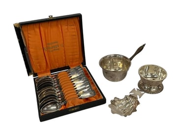 Group of Sterling, Spoons, Small Pot, Bowl and Shell Dish