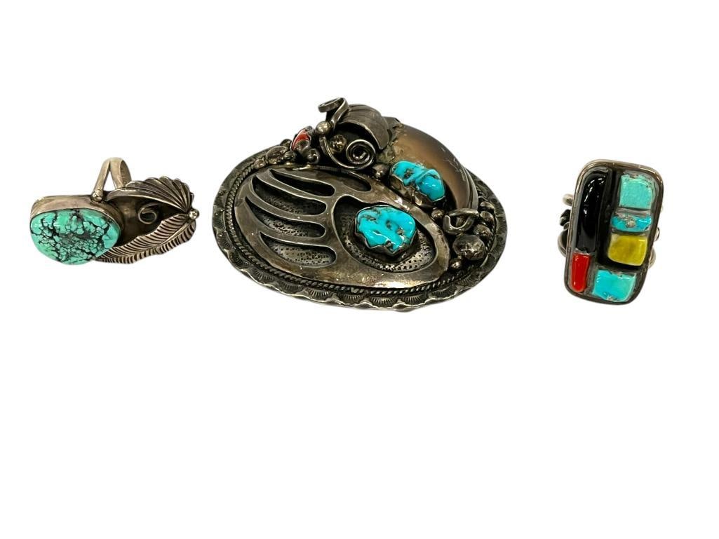 Native American Sterling and Turquoise Belt Buckle and 2 Rings: Native American Sterling and Turquoise Belt Buckle - signed TKC and 2 Rings. 3 pieces. Approx. ring sizes 7 and 7 1/2.