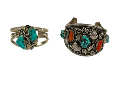Native American Silver Turquoise and Coral Cuffs A.T.W.