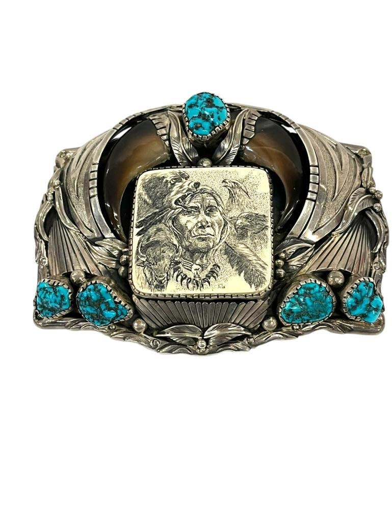 Exceptional Navajo Sterling and Turquoise Belt Buckle: Exceptional Nelson Piaso signed Navajo Sterling and Turquoise Belt Buckle, signed. Approx. 4.75 x 3.5 x 1.25 inches.