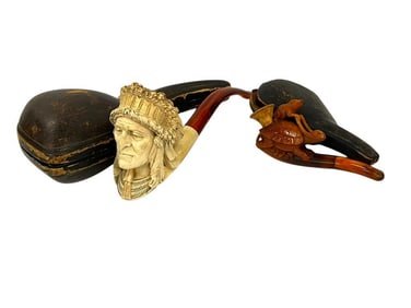 Carved Meerschaum Indian Pipe and Frog Riding Turtle