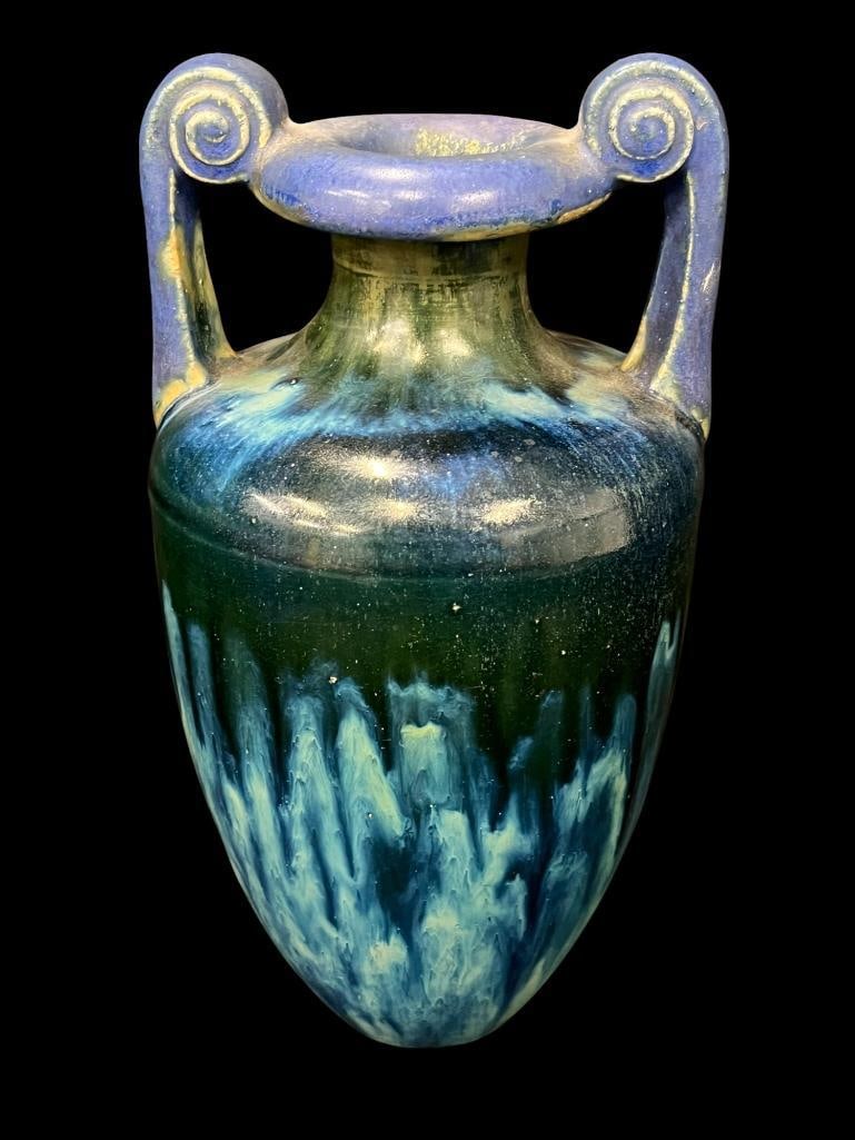 Blue Fulper Pottery 2 Handle Vase: Blue Fulper Pottery Vase. Approx. 10.5 x 5.5 x 5.5 inches.