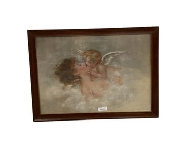 Oil on Tapestry Painting of a Cherub and Woman