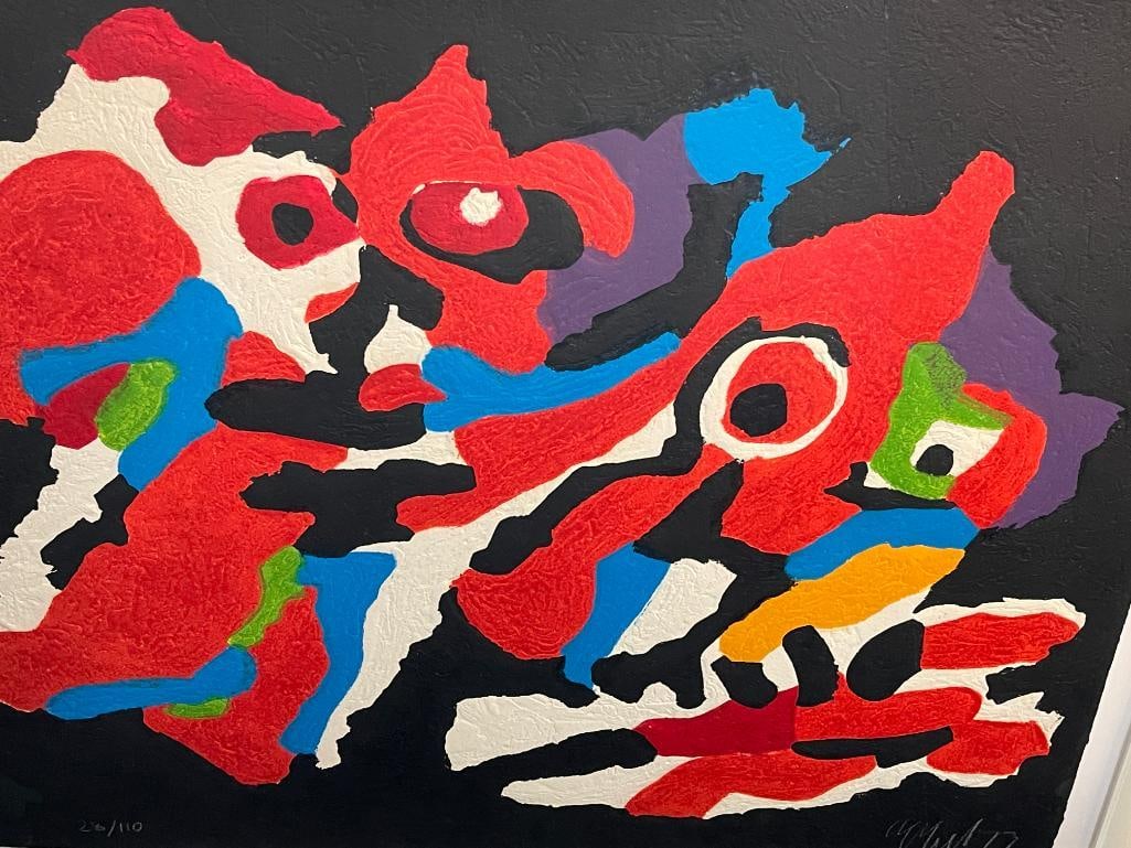 Karel Appel Signed Numbered 28 of 110 Couple in the Night / First Kiss: Karel Appel (1921-2006) Signed Numbered 28 of 110 Couple in the Night / First Kiss / Flying High in the Blue Sky. Woodcut in Colors on handmade heavy rag wove paper. Artwork approx. 29 x 35 inches. Fr