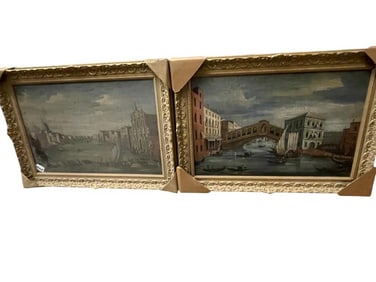 2 Oil on Canvas Scenes of Venice in Gold Gilt Frames