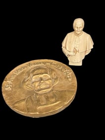 St. Jean Marie Vianney Plaster Medallion and 1937 Religious Statue