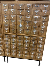 72 Drawer Oak Card Catalog Unit on Iron Base with 3 Pull Out Trays