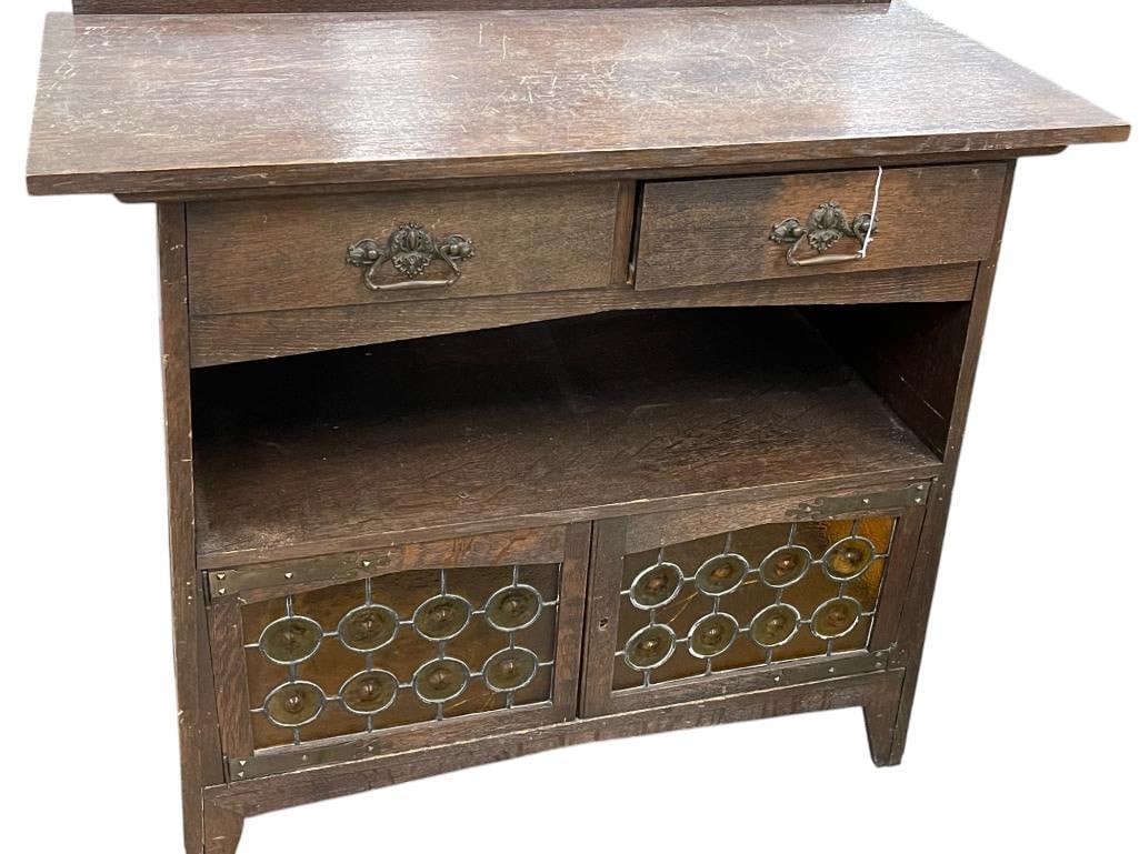 Arts and Crafts Oak Server with Stained Glass Bullseyes: Arts and Crafts Oak Server with Stained Glass Bullseyes. Approx. 42 x 19 x 39 inches.