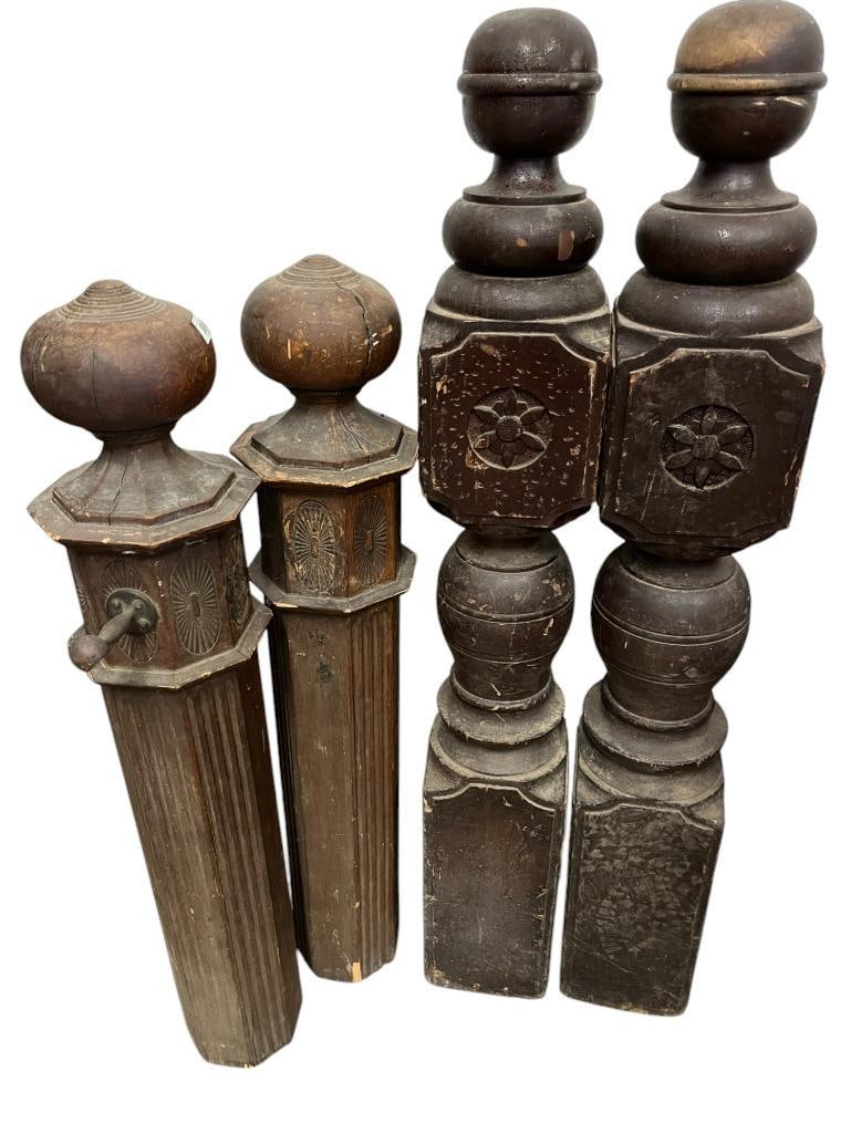 2 Pair of Victorian Newel Posts: 2 Pair of Victorian Newel Posts. Larger pair cut out for stairs. Approx. 8.5 x 8.5 x 44 inches and 8 x 8 x 53 inches.