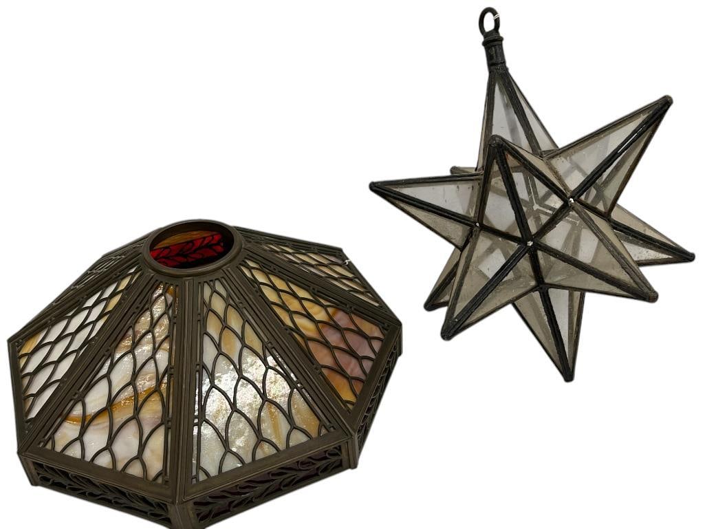 8 Panel Slag Glass Shade in Bronze Frame with Ruby Border and Starburst: 8 Panel Slag Glass Shade in Bronze Frame with Ruby Border and Starburst Fixture. Shade Approx. 16 x 16 x 6.5 inches. Starburst Approx. 13 x 16 inches.