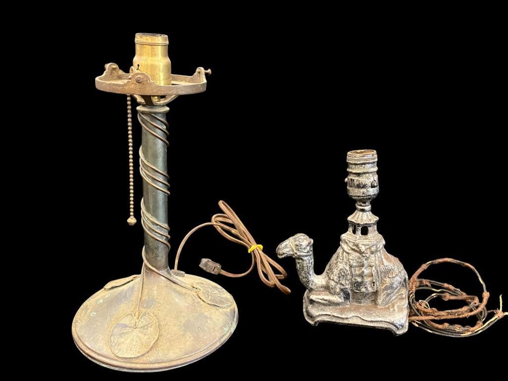 Bronze Lamp Base with Leaf Design and Camel Lamp: Bronze Lamp Base with Leaf Design and Camel Lamp. 2 pieces. Approx. 7 x 12.5 inches.