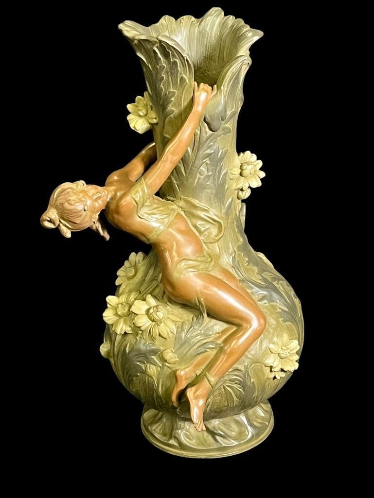 Auguste Moreau Art Nouveau Vase Marguerite: Auguste Moreau Bronze Finish Art Nouveau Vase Marguerite. Approx. 8.5 x 10 x 15 inches.