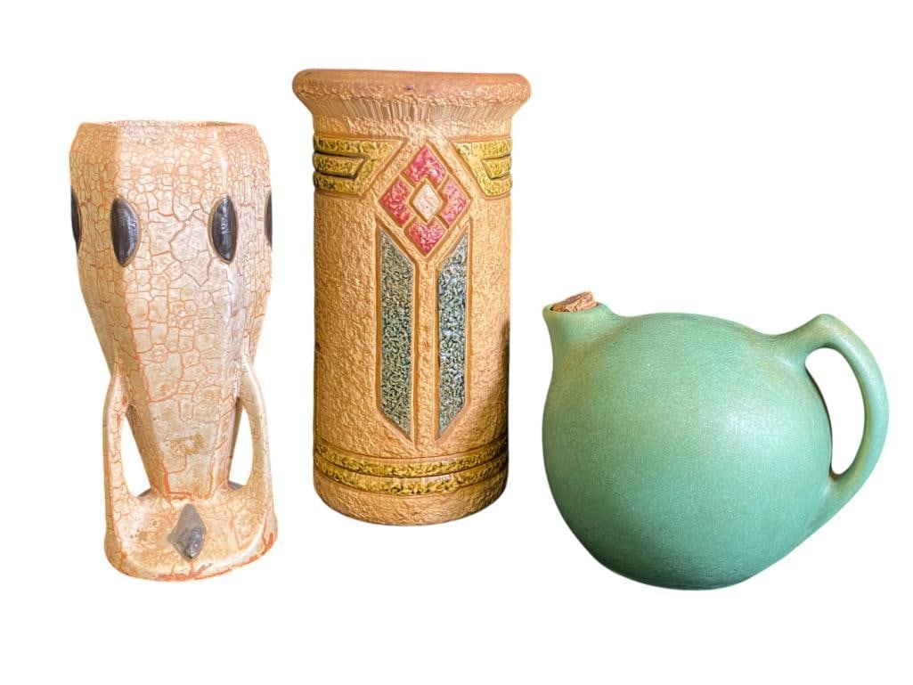 Pottery Pitcher, Czech Vase and Roseville Mostique Vase: Pottery Pitcher, Czech Vase and Roseville Mostique Vase. 3 pieces. Green Pitcher approx. 7 x 8.5 x 6.5 inches. Czech vase approx. 4.5 x 10.5 inches. Roseville approx. 6.5 a 12 inches.