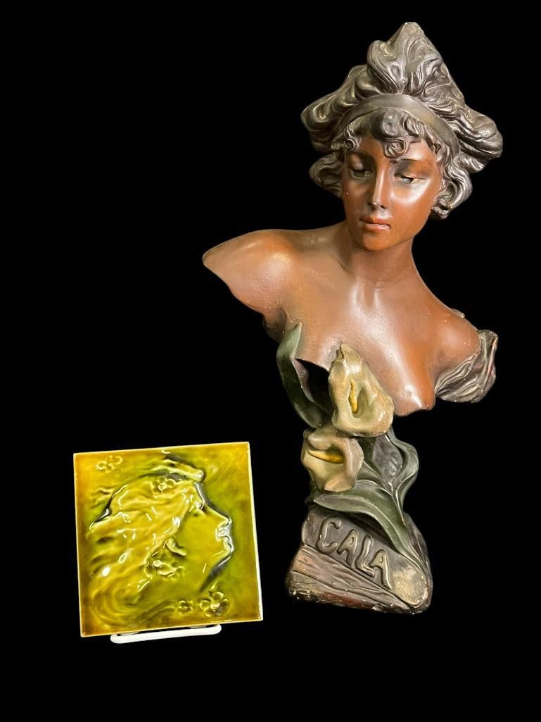 Art Nouveau Plaster Figure Cala and J & J.G. Low Art Tile: Art Nouveau Plaster Figure Cala and J & J.G. Low Art Tile. Figure approx. 7 x 11 x 20 inches. Tile approx. 6.25 x 6.25 inches.