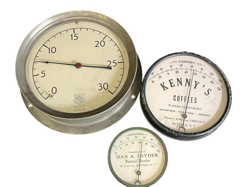 2 Buffalo NY Advertising Thermometers and Ashcroft Gauge: 2 Buffalo NY Advertising Thermometers Kenny's Coffee and Snyder Funeral. And Ashcroft Gauge. Approx. 10.25 x 3 inches.