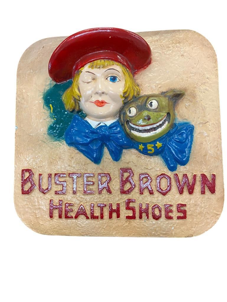 Buster Brown Shoe Advertising Plaster Sign: Buster Brown Shoe Advertising Plaster Sign. Approx. 12 x 12 x 3 inches.