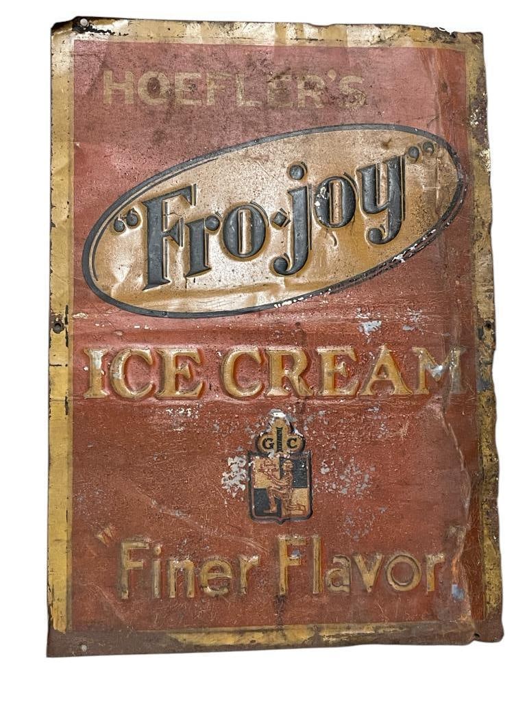 Hoefler's Fro-Joy Ice Cream Sign: Hoefler's Fro-Joy Ice Cream Sign. Approx. 20 x 28 inches.