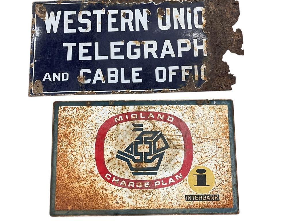 Western Union Telegraph Cable Office and Marine Midland Signs: Western Union Telegraph Cable Office Porcelain Enamel Sign and Marine Midland Charge Plan Sign. Both are double sided. Western Union approx. 15 x 31.5 inches. Midland approx. 16 x 26 inches.