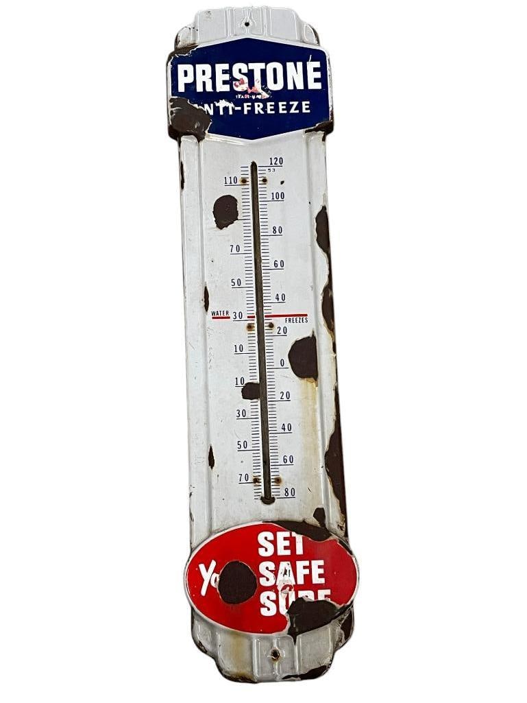 Prestone Anti Freeze Porcelain Advertising Thermometer: Prestone Anti Freeze Porcelain Advertising Thermometer. Approx. 9.5 x 36 inches.