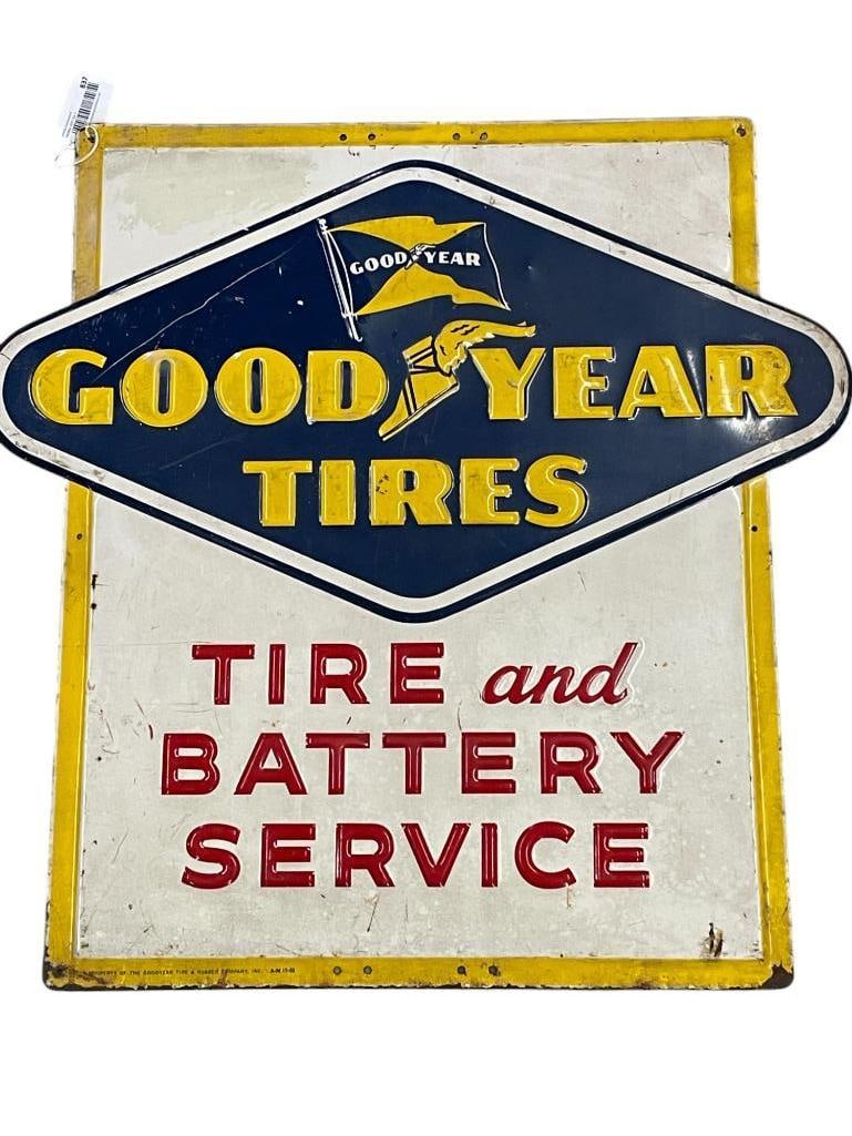 Goodyear Tires Tin Service Advertising Sign: Goodyear Tires Tin Service Advertising Sign. Approx. 30 x 30 inches.
