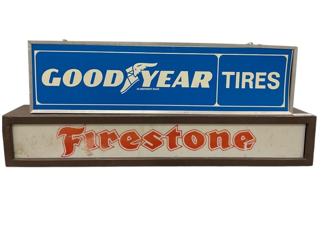 Firestone and Goodyear Tires Light Up Signs: Firestone and Goodyear Tires Light Up Signs. Firestone approx. 43 x 7.5 x 6 inches. Goodyear approx. 36.5 x 9.5 x 4 inches.