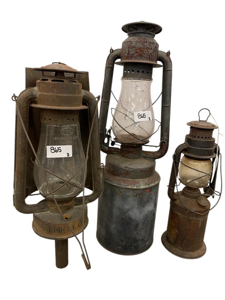 3 Old Kerosene Lanterns: 3 Old Kerosene Lanterns. Approx. 8 x 24 inches.