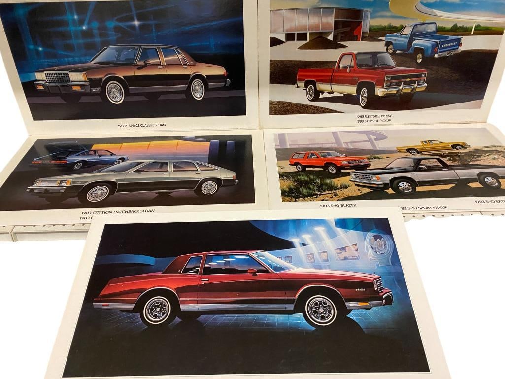 1983 Chevrolet Showroom Posters, Monte Carlo Coupe, Caprice, S - 10 etc.: 1983 Chevrolet Showroom Posters, Monte Carlo Coupe, Caprice Classic, Citation Hatchback, S - 10 Sport and Fleetside Pickup. 5 pieces. Approx. 32 x 18 inches.