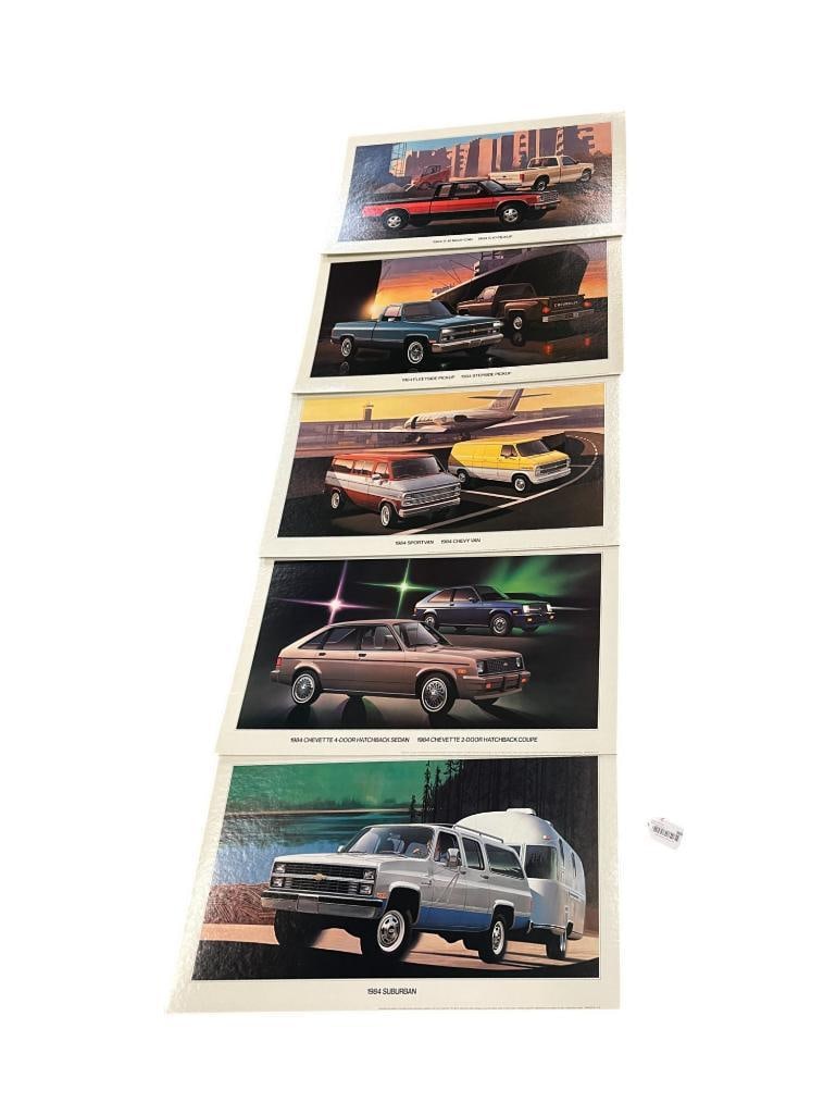 1984 Chevrolet Showroom Posters, Suburban, Sport Van, Chevette etc.: 1984 Chevrolet Showroom Dealership Cardboard Posters, Suburban, Sport Van, Chevette Hatchback, S - 10 Maxi Cab and Fleetside Pickup. 5 pieces. Approx. 32 x 18 inches.