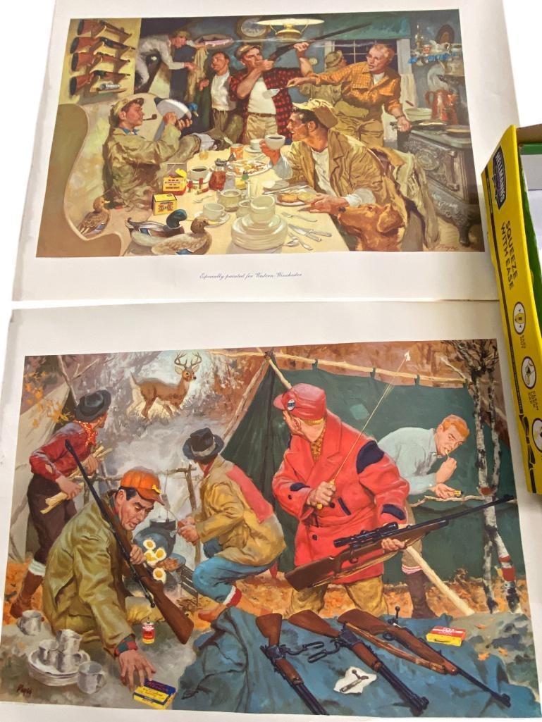 2 Winchester Posters and 1955 Shipping Tube: 2 Winchester Posters and 1955 Shipping Tube. Hunters Surprised by Buck and Hunters in Cabin Before Duck Hunt. Posters approx. 20.5 x 28 inches. Tube approx. 3.5 x 30 inches.