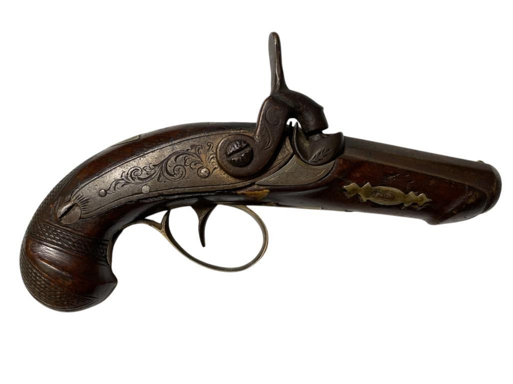 Antique Percussion Pistol with Silver Inlays: Antique Percussion Pistol with Silver Inlays, total approx. 6" l