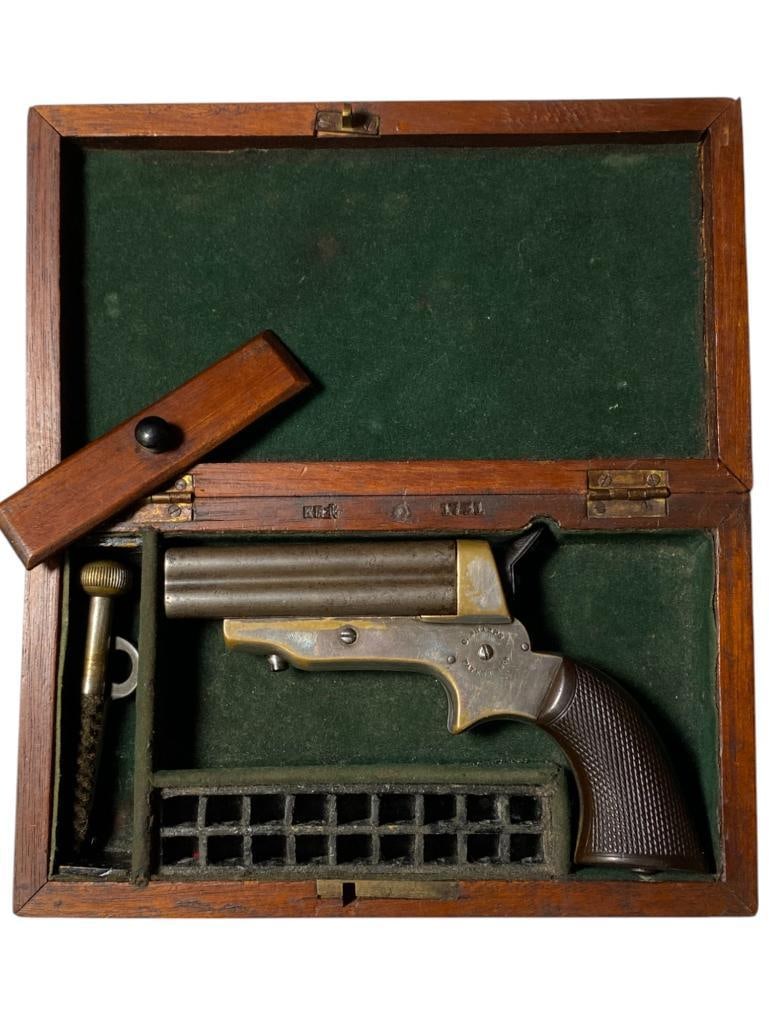 C. Sharps 4 Shot Antique Black Powder Pepper Box: C. Sharps 4 Shot Antique Black Powder Pepper Box, serial #1631, in walnut box with cleaning tools