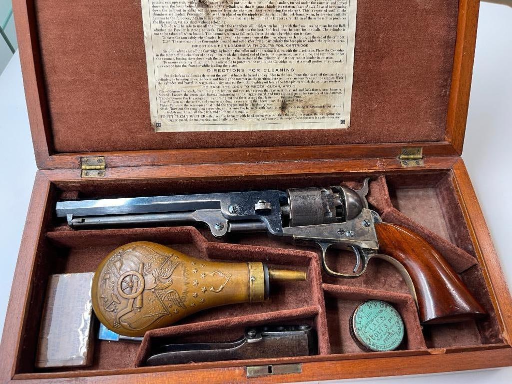 Colt 1851 Navy Cased Revolver: Colt 1851 Navy Cased Revolver in box with powder flask, bullet mold, cartridges, caps, tool etc. serial #102795. High Grade Finish, Excellent Condition.