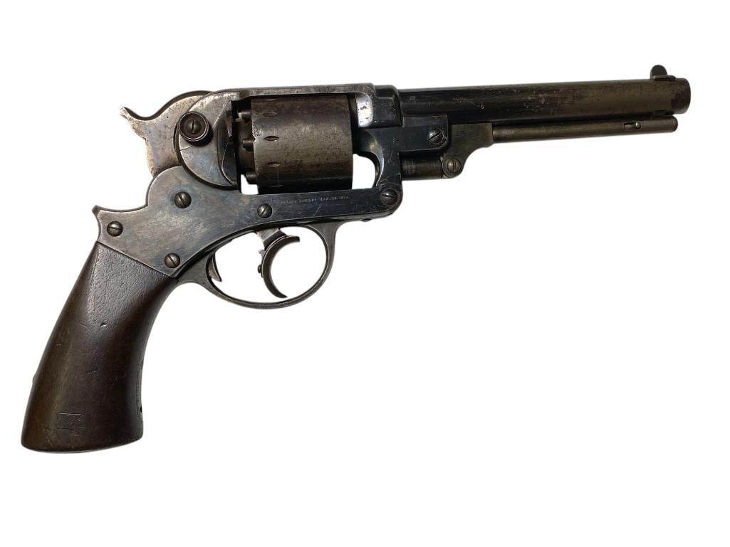 Starr Arms Model 1858 Antique Revolver: Starr Arms Model 1858 Antique Revolver serial # 9821, wooden grips are cartouched on right and left side